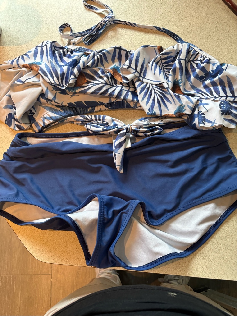 Blue Two-Piece Ruffled Bikini with Leaf Print Top large